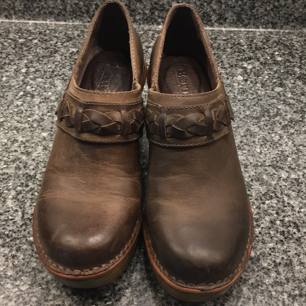Brown leather slip ons